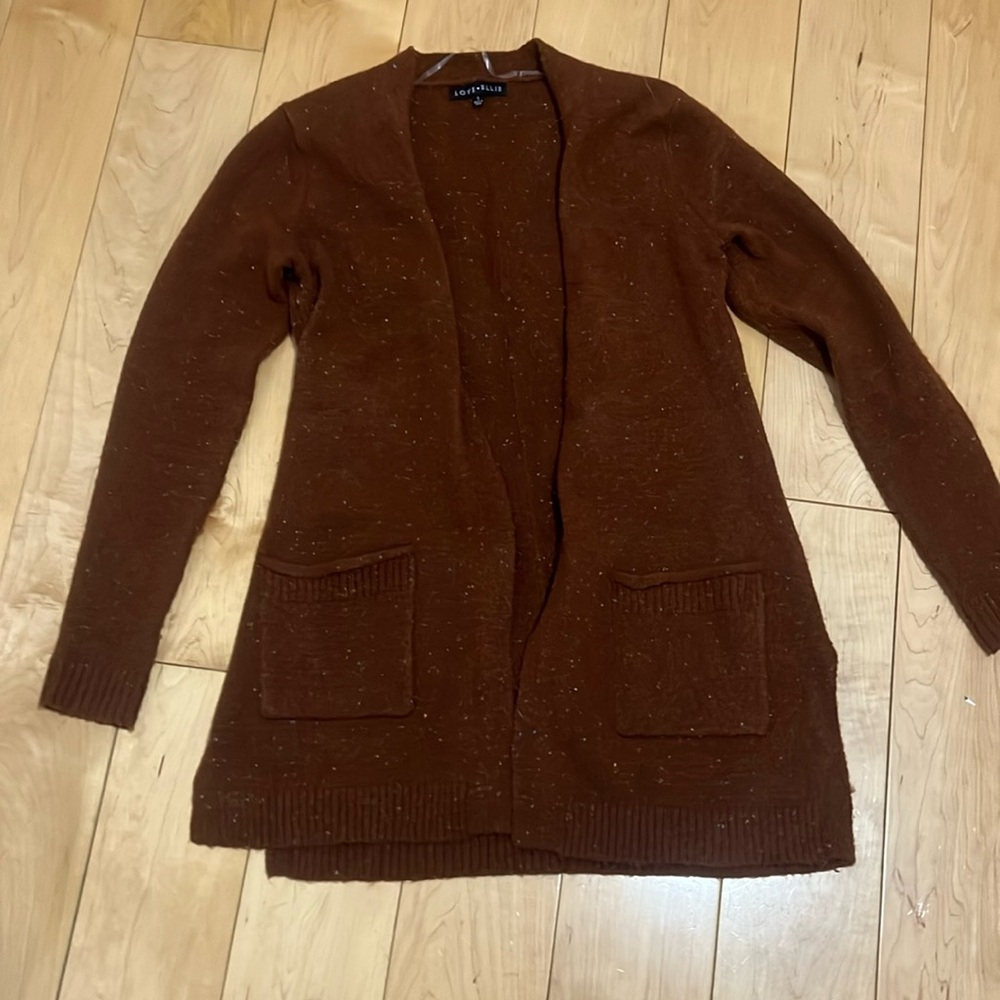 Love Ellie cardigan. Brown with colorful detail